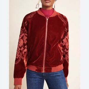 Anthropologie Lisanne Embroidered Velvet Rust Bomber Jacket Skies are Blue sz S